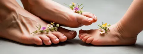 Füsse, Mutter Kind mit Blumen
