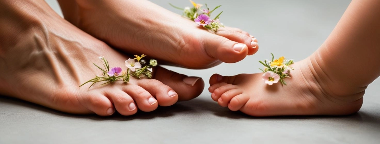 Füsse, Mutter Kind mit Blumen