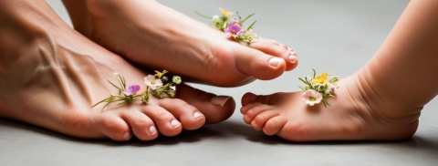 Füsse, Mutter Kind mit Blumen